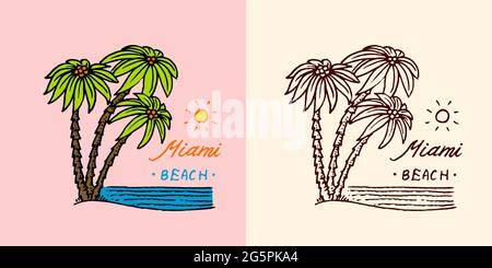 Tropisch grünes Palmenemblem. Surfschild. Surfen Im Sommer. Miami Beach. Handgezeichnetes Emblem mit Vintage-Gravur. Retro-Poster oder -Banner Stock Vektor