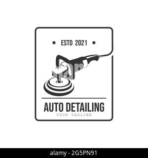 Design-Vorlage mit Logo im Vintage-Stil und automatischer Politur. Auto Detaillierung polnisch Auto Maschine Logo Design Vektor. Automatische Detailierung der Reinigung des Poliergeräts Stock Vektor