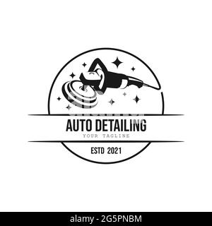 Design-Vorlage mit Logo im Vintage-Stil und automatischer Politur. Auto Detaillierung polnisch Auto Maschine Logo Design Vektor. Automatische Detailierung der Reinigung des Poliergeräts Stock Vektor