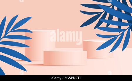 Sommer Sale Banner in trendigen hellen Farben mit tropischen Blättern und Podium oder Plattform Vektor Illustration Stock Vektor