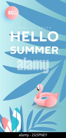 hallo Sommer Verkauf Banner-Design mit Ozean, tropischen Blättern und rosa Flamingo aufblasbaren Kreis für Flyer, Einladung, Poster, Website oder Gruß Stock Vektor
