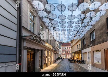 Umbrella Street in der Altstadt von Bratislava Stockfoto