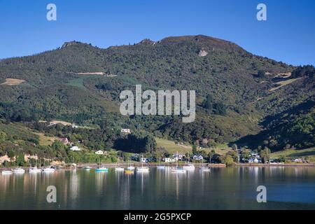 Hübsche Küste mit baumbestandenen Hügeln mit Häusern und Booten direkt vor der Küste, die sich im Meer in der Nähe von Otago Port, South Island, Neuseeland, widerspiegeln Stockfoto