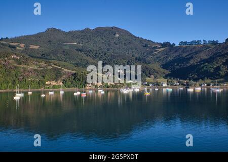 Hübsche Küste mit baumbestandenen Hügeln mit Häusern und Booten direkt vor der Küste, die sich im Meer in der Nähe von Otago Port, South Island, Neuseeland, widerspiegeln Stockfoto