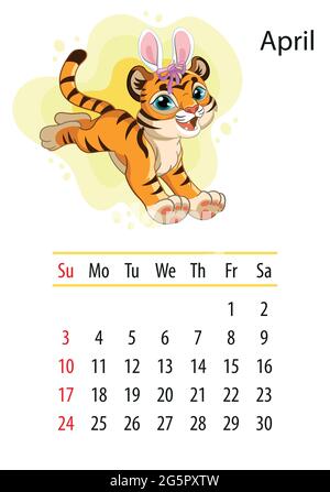 Wandkalender-Design-Vorlage für april 2022, Jahr des Tigers nach dem chinesischen oder östlichen Kalender. Tierischer Charakter. Vektorgrafik. Woche Stock Vektor