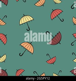 Niedliches nahtloses Muster mit Regenschirmen in verschiedenen Herbstfarben in Pastellfarben – rot, orange, gelb, grün. Muster für Textil, Hintergrund, Drucke Stock Vektor