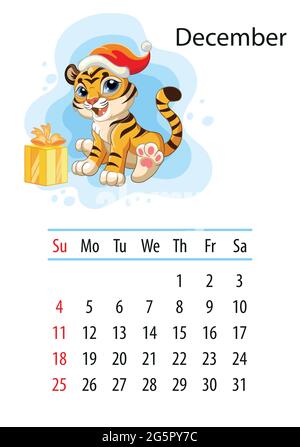 Wandkalender-Design-Vorlage für dezember 2022, Jahr des Tigers nach dem chinesischen oder östlichen Kalender. Tierischer Charakter. Vektorgrafik. Wir Stock Vektor