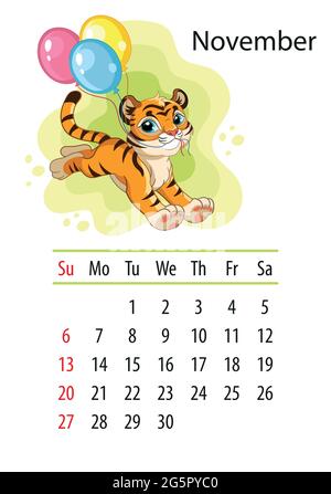 Wandkalender-Design-Vorlage für november 2022, Jahr des Tigers nach dem chinesischen oder östlichen Kalender. Tierischer Charakter. Vektorgrafik. Wir Stock Vektor