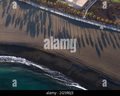 Schwarzer Strand mit Palmen Schatten Luftaufnahme von oben. Las Playitas, Fuerteventura Stockfoto