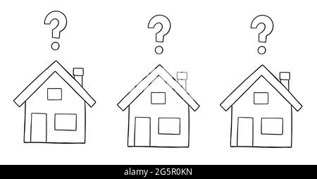 Cartoon-Vektor-Illustration von drei Häusern mit Fragezeichen. Schwarz umrandet und weiß gefärbt. Stock Vektor