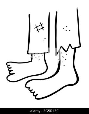 Cartoon-Vektor-Illustration von Obdachlosen ohne Schuhe. Schwarz umrandet und weiß gefärbt. Stock Vektor