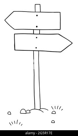 Cartoon-Vektor-Illustration von Straßenschild zeigt zwei verschiedene Richtungen. Schwarz umrandet und weiß gefärbt. Stock Vektor