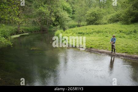 Fliegenfischen auf dem Dove River, Peak District, England. Stockfoto