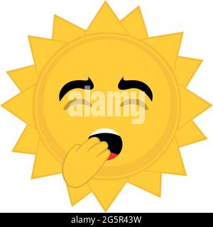 Vector Emoticon Illustration einer Zeichentrickfigur der Sonne, gähnend mit der Hand in seinem offenen Mund Stock Vektor