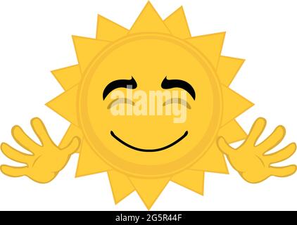 Vektor-Illustration von Emoticon der Zeichentrickfigur der Sonne winkt mit seinen Händen Stock Vektor