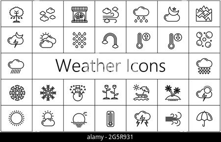 Wettersymbole. Design-Elemente für Wettervorhersagen, isoliert auf weißem Hintergrund. Enthält Symbole von Sonne, Wolken, Schneeflocken, Wind und mehr. Stock Vektor