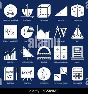 Symbole für mathematische Symbole in flacher Form. Mathematiksammlung. Vektorgrafik. Stock Vektor