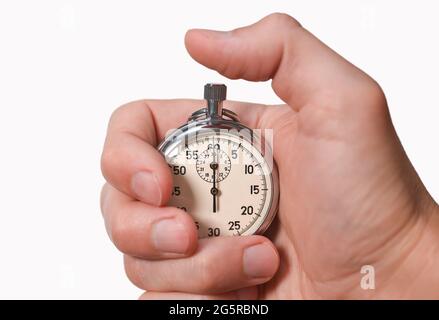 Stoppuhr in der Hand, Finger drückt eine Taste, starten, beenden, isolieren, Nahaufnahme. Stockfoto