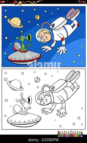 Cartoon Illustration von Astronauten und Alien-Charaktere im Raum Färbung Buch Seite Stock Vektor