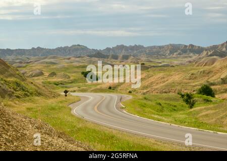 Kurvenreiche Straße durch die Gelben Mounds im Badlands National Park, mit erodierten Buttes, Grasland und Pinnacles in South Dakota, USA Stockfoto