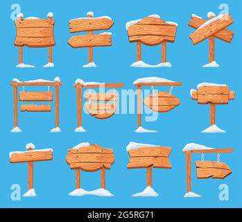 Holzbrett mit Schnee. Cartoon Winter Holzschilder mit Schnee bedeckt. Weihnachten Feiertage Pfeilschild, hängende Richtung Schild Vektor-Set. Leerer Wegweiser im Winter auf Blau isoliert Stock Vektor