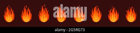 Feueranimation. Brennendes Feuer oder Lagerfeuer, Fackelfeuer. Rot, orange lodernde Feuer Effekt animierte Sprites Blatt Cartoon Vektor-Set. Heiße Flammenenergie, farbenfroher Feuereffekt für das Spiel Stock Vektor