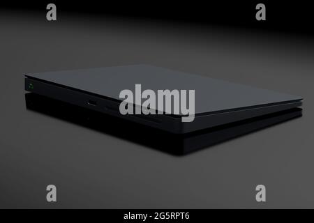 Schwarzes Computer-Trackpad oder drahtloses Touchpad auf schwarzem Hintergrund isoliert Stockfoto
