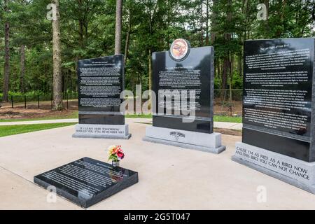 Lynyrd Skynyrd Band Monument Memorial am Ort des Flugzeugabsturzes, bei dem Ronnie Van Zant und 5 andere getötet wurden, Amite County Mississippi, USA. Stockfoto