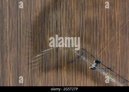 Luftaufnahme über das zentrale Schwenk-Bewässerungssystem, das Kulturen sprüht. Farm-Konzept, moderne Bewässerungsausrüstung, Landwirtschaft Textur. Stockfoto