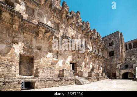 Römisches Amphitheater von Aspendos, Belkiz - Antalya, Türkei. Stockfoto