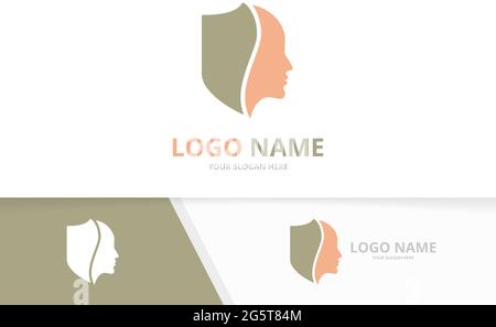 Kombination aus Vektorschild und Gesichtslogo. Design-Vorlage für Sicherheits- und man-Logos. Stock Vektor