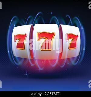 Spielautomat gewinnt den Jackpot. 777 Big Win Casino Konzept. Spielautomat auf einem blauen Hintergrund mit einer Explosion von sich drehenden Licht. Vektorgrafik Stock Vektor