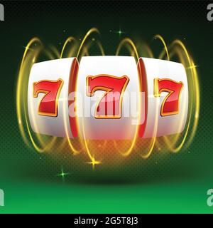 Spielautomat gewinnt den Jackpot. 777 Big Win Casino Konzept. Spielautomat auf einem grünen Hintergrund mit einer Explosion von sich drehenden Licht. Vektorgrafik Stock Vektor