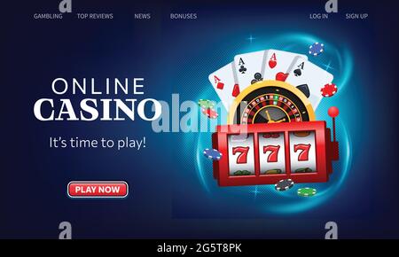 Spielkarten, Roulette-Rad und gewinnen Spielautomaten fliegen Casino. Online Casino Vektor Illustration. UI-Vorlage für die Benutzeroberfläche der Website-Homepage. Landung Stock Vektor