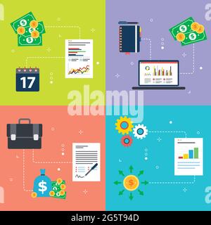Investitionen, Daten, Management, Berichte, Papierkram und Computersymbole. Konzepte von Investitionsdaten, Finanzmanagement, Vertragsunterzeichnung und Finanzwesen Stock Vektor