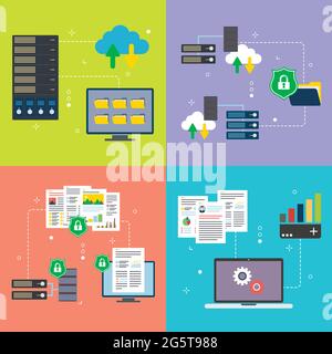 Symbole für Mainframe, Computer, Cloud-Speicher, Big Data, Sicherheit und Schutz. Konzepte zu Mainframe-Computer, Cloud-Storage-Sicherheit, Datenschutz, Stock Vektor