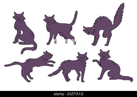 Katze schwarz Doodle Halloween-Set. Active Posen gesunde Cartoon Kätzchen, niedlich oder beängstigend, böse dünne Katzen Sammlung böse. Lustige Spielfigur Haustier wild Kitty Design. Vektor flach Horror Illustration Stock Vektor