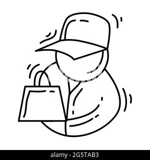 E-Commerce-Verkäufer. Handgezeichnetes Icon-Set, Umriss schwarz, Doodle-Symbol, Vektor-Icon-Design. Stock Vektor