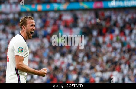 London, Großbritannien. Juni 2021. Der englische Harry Kane feiert am 16. Juni 2021 nach dem 2020-Runden-Spiel zwischen England und Deutschland bei der UEFA EURO 29 in London, Großbritannien. Quelle: Han Yan/Xinhua/Alamy Live News Stockfoto