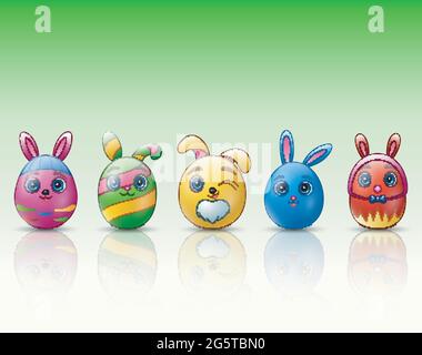 Set von ostereier Cartoon-Figur mit Hasen Ohren auf grünem Hintergrund Stock Vektor
