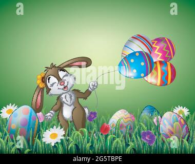 Süßes osterhasen, das einen Ostereiballon auf einem Feld hält Stock Vektor