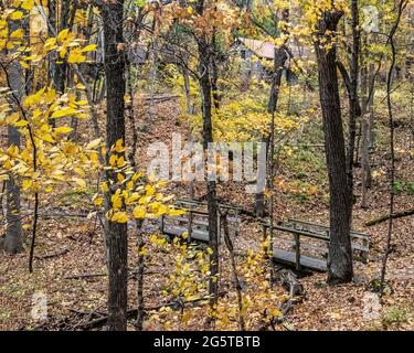 Blick auf die Brücke und das Gebäude des Interstate State Park vom Horizon Rock Trail im Park während der Herbstsaison. Stockfoto