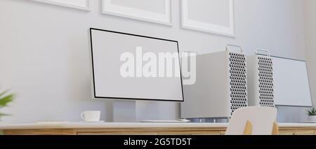 Büroarbeitsplatz mit Computergeräten mit Mock-up-Bildschirm auf dem Schreibtisch, 3D-Rendering, 3D-Illustration Stockfoto