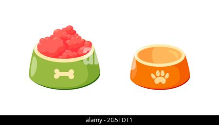 Hundeschüsseln mit Futter. Set Schalen für Katze oder Hund für Kibbles und Wasser. Vektor-Illustration in niedlichen Cartoon-Stil Stock Vektor