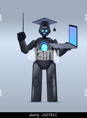 Schwarzer Roboter Lehrer in Graduierung Kappe hält Laptop online Bildung Konzept der künstlichen Intelligenz Stock Vektor