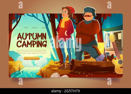 Autumn Camping Website mit Waldlandschaft mit Bach und Menschen. Vektor-Landing-Page mit Cartoon-Wäldern mit Orangengras und Blättern auf Bäumen, Fluss, Campingplatz mit Lieferwagen, Stuhl, Gitarre und Touristen Stock Vektor