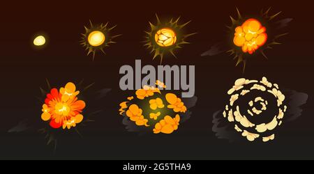 Cartoon Bombe Explosion Storyboard. Wolken, Boom und Rauch Animationsrahmen für mobile Spiele. Dynamit Gefahr explosive Detonation, atomare Comics Feuer Bewegung isoliert Vektor explodieren auf schwarzem Hintergrund Stock Vektor