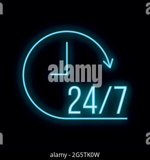 24 auf 7 Kundendienst-Symbol Neon Glow Stil Umriss flache Vektor-Illustration, isoliert auf weiß. Stock Vektor
