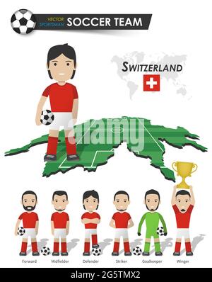Schweizer Fußballnationalmannschaft . Fußballspieler mit Sporttrikot stehen auf Perspective Field Country Map und Weltkarte . Satz von Fußballspielern Pos. Stock Vektor