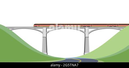 Hochgeschwindigkeitszug auf Brücke. Schneller Transport. Eisenbahn mit Lokomotive. Hügel. Moderne Außenlandschaft. Isoliert auf Hintergrund. Flaches Design. Vect Stock Vektor